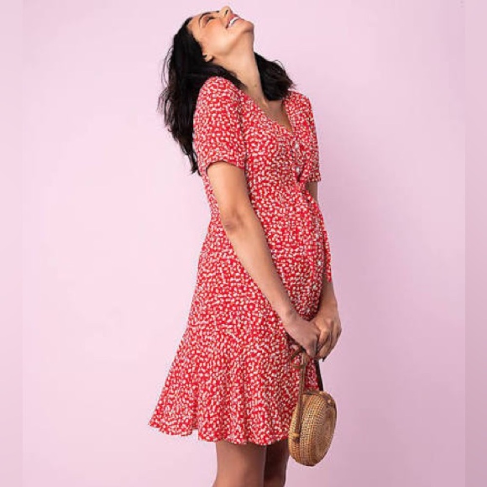 Seraphine (6 Petite Maternity) Red/ White Floral Wrap Short Sleeve Midi Dress
